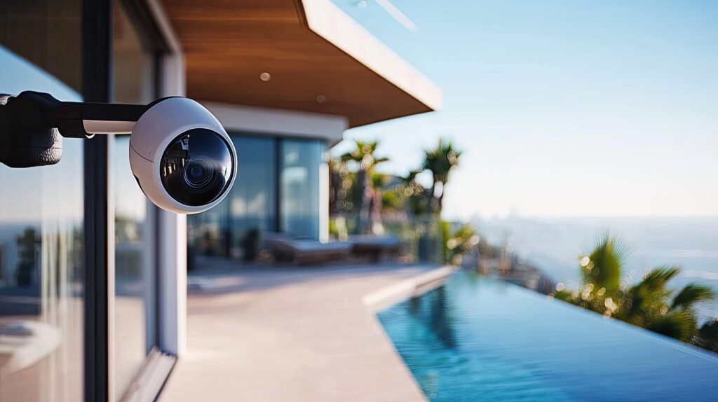 Security camera installed on the exterior of a modern house, positioned to monitor the front yard and entrance.