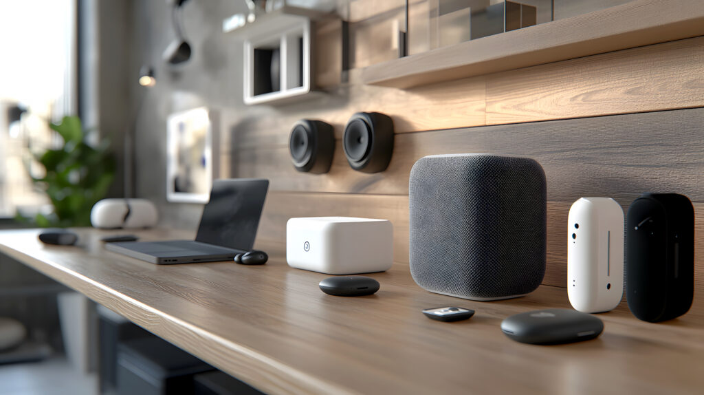 Smart home audio setup featuring wireless speakers, smart assistants, and modern sound systems for seamless multi-room audio.