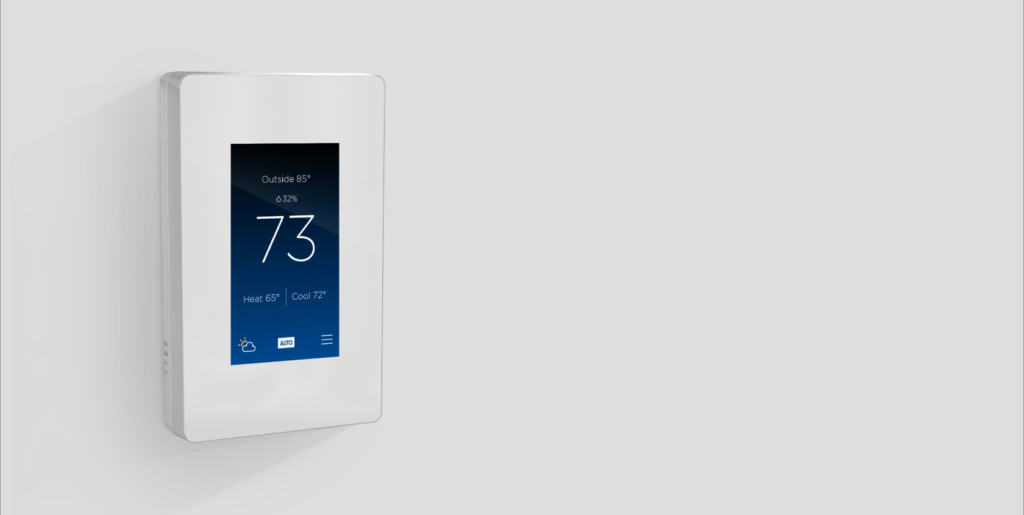 Smart home climate control panel with touchscreen interface for energy-efficient heating and cooling.