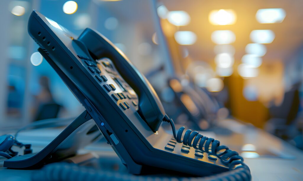 Close-up of a modern office VoIP phone on a desk with blurred background and soft lighting.