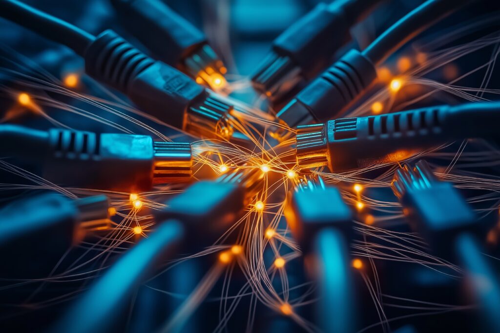 Ethernet cables connecting in a data center, emitting glowing light trails to represent fast and secure connectivity.