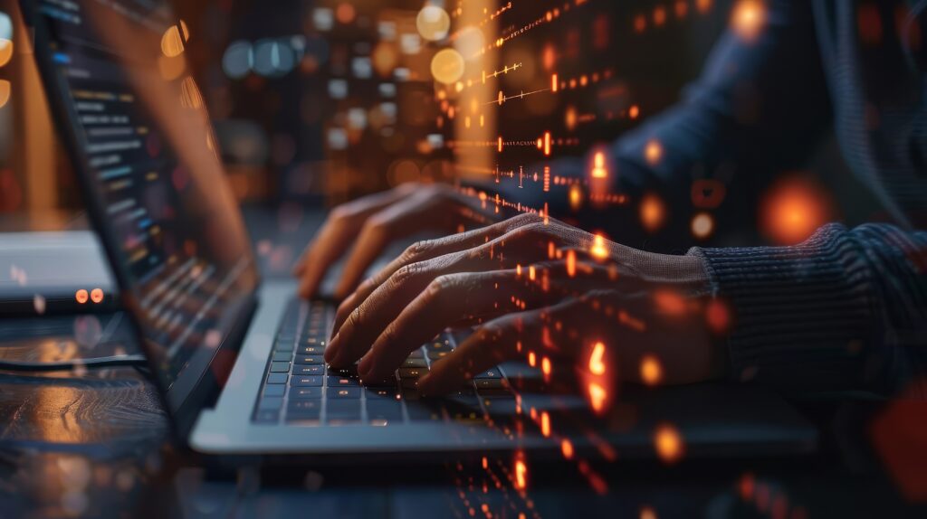 Hands typing on a laptop with glowing data overlays, representing cybersecurity and network protection.