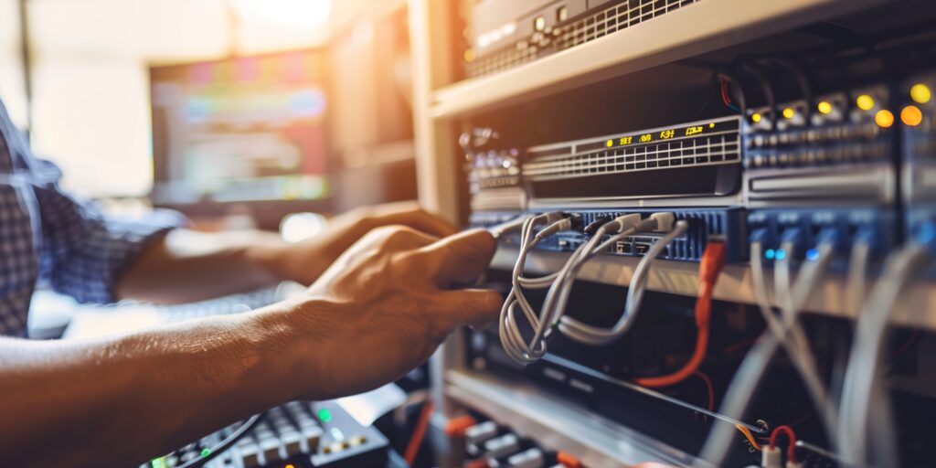 Technician working in a server room surrounded by network cables and hardware components.