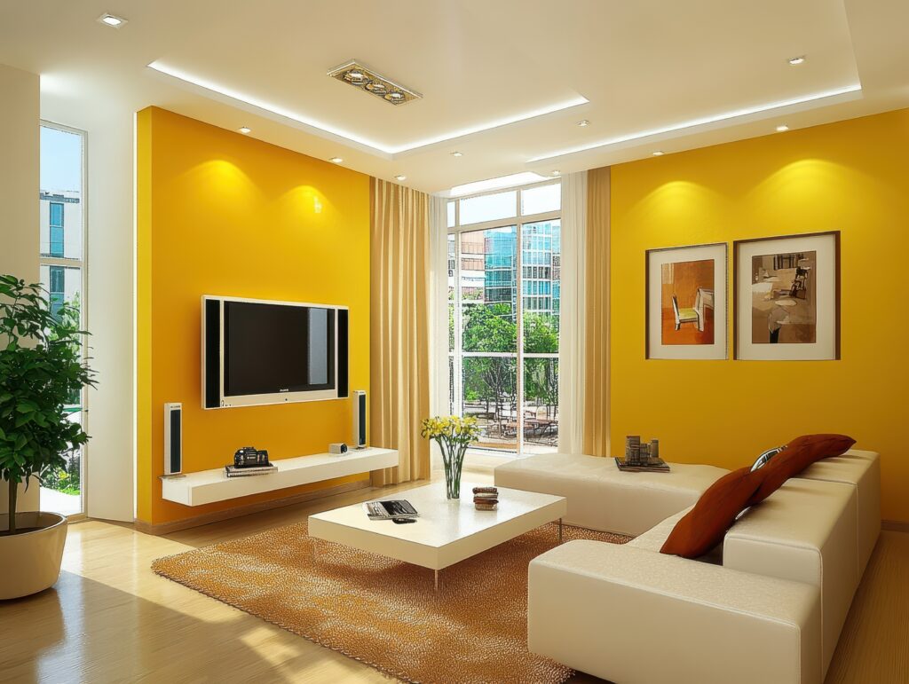 Modern living room with integrated home audio system, stylish decor, and smart technology