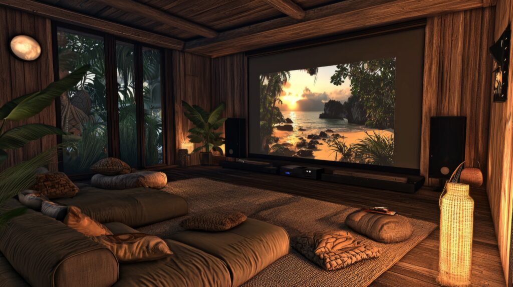 Luxury home theater with ambient cinema lighting, plush seating, and a large high-definition screen.