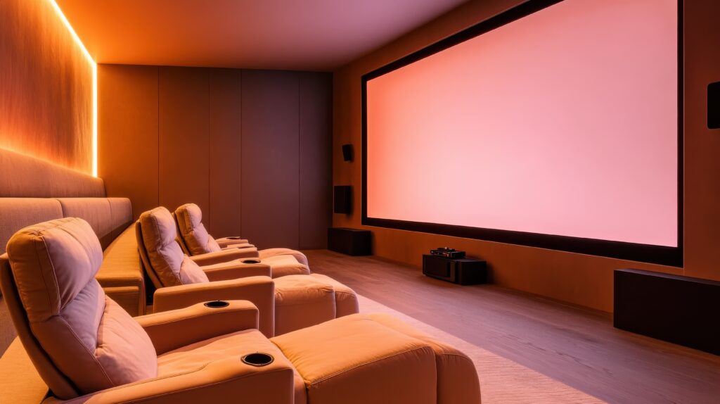 "Modern home theater with premium surround sound speaker system and ambient lighting.