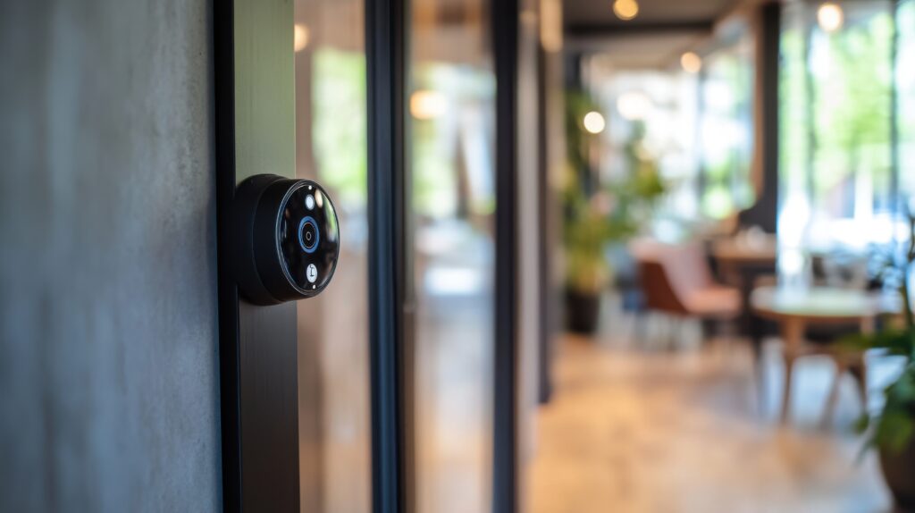 Smart video doorbell mounted on a wall in a modern home with blurred background.