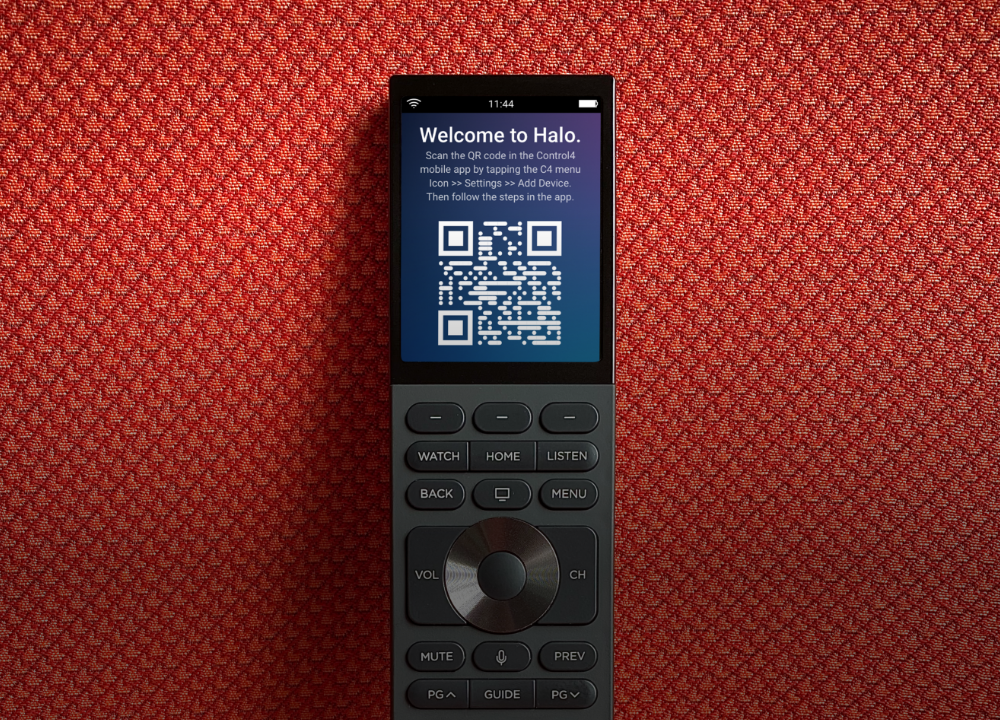 Smart universal remote control with touchscreen interface for home automation.