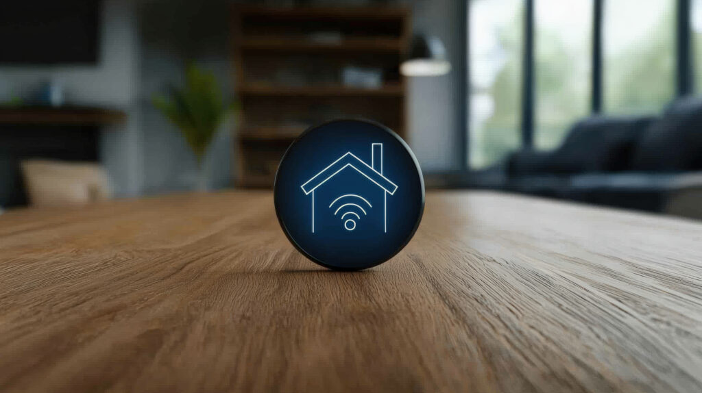 Smart home icon device on table representing wireless connectivity and remote system monitoring