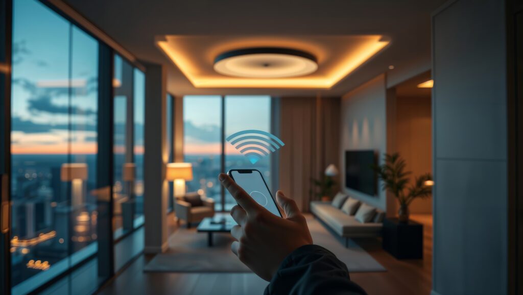Smart home control via smartphone with Wi-Fi coverage interface on screen, modern interior in background