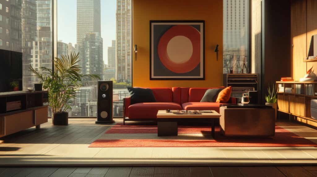 Modern energy-efficient living room with AI-powered smart home automation and multi-room audio system.