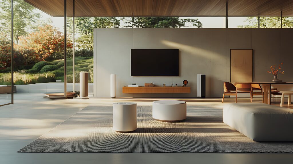 Modern minimalist outdoor living space with integrated smart home audio and ambient lighting.