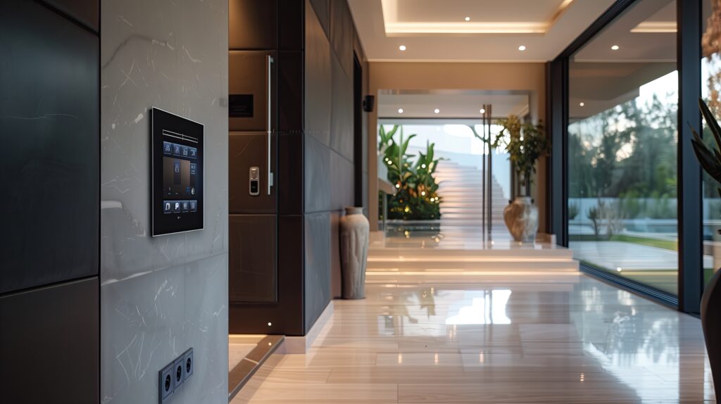 Luxury home entrance featuring a smart home control panel and modern automated lighting