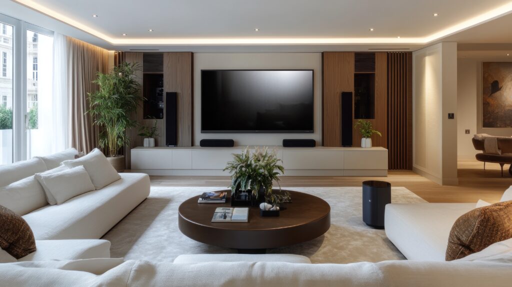 Modern minimalist living room with a hidden speaker system, sleek TV setup, and immersive surround sound.