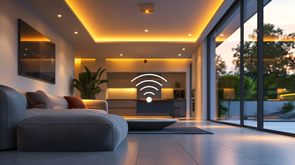 Smart home living room with high-speed WiFi and seamless networking.
