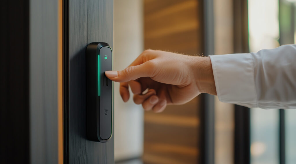 Person scanning fingerprint on modern biometric access control device at office entrance