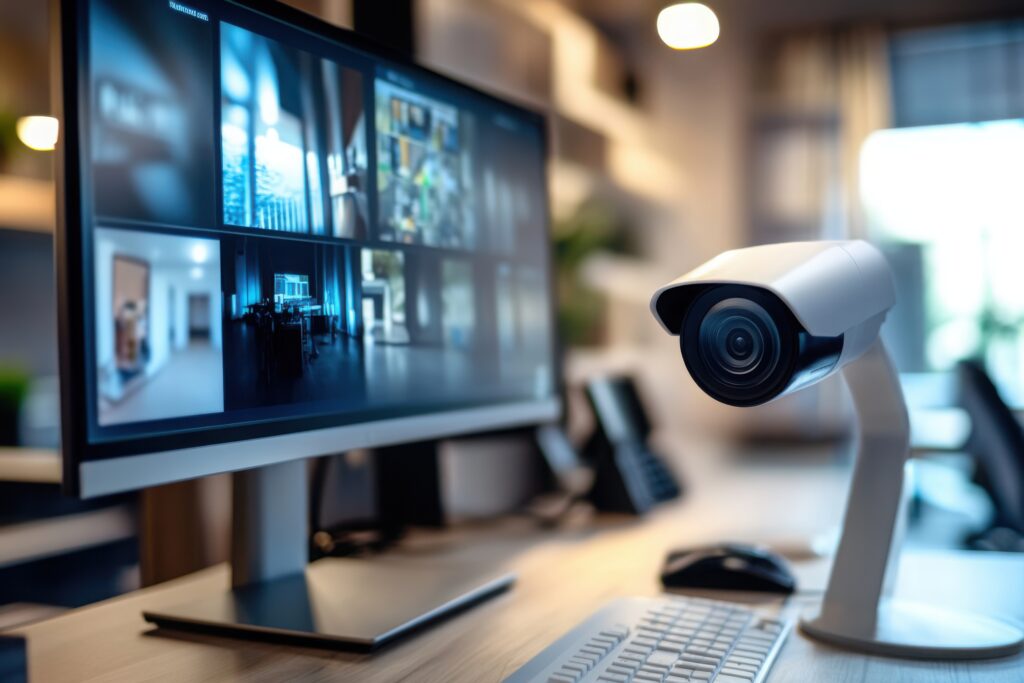 CCTV surveillance camera with multi-screen live monitoring setup in a modern office environment