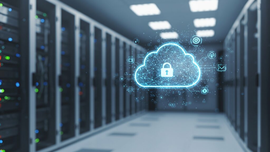 Cloud and local backup infrastructure inside a secure data center with glowing cloud icon overlay