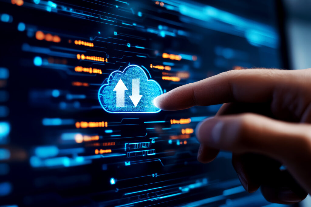 Finger touching cloud migration icon on digital interface, representing data transfer and cloud technology.