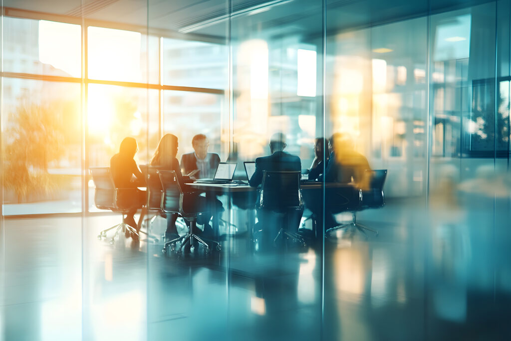 Business professionals meeting in a modern glass office during sunrise, representing digital transformation strategy
