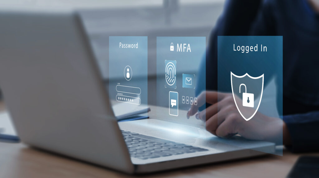 User enabling secure email access with password and multi-factor authentication on laptop