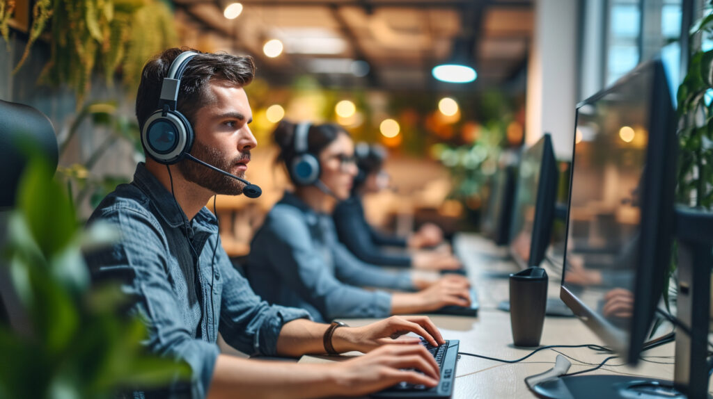IT support team wearing headsets providing remote helpdesk assistance in a modern office environment