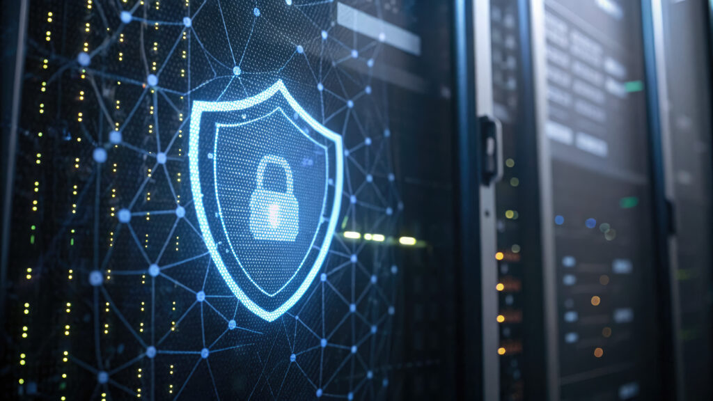 Digital firewall icon glowing on server rack in secure data center