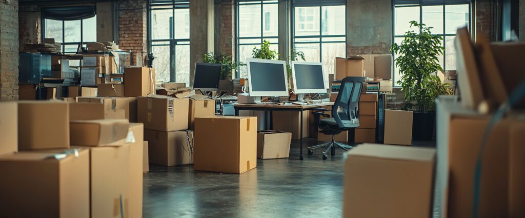Modern office space with unpacked moving boxes and computer workstations during IT relocation.