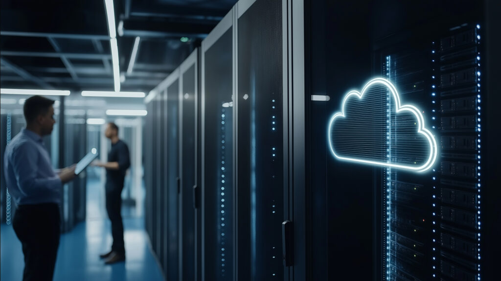 Two IT professionals standing in a server room with illuminated cloud icon, representing secure infrastructure
