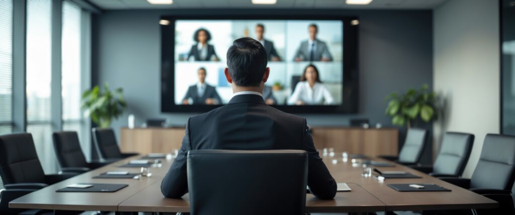Business executive in a modern conference room on a video call with remote team