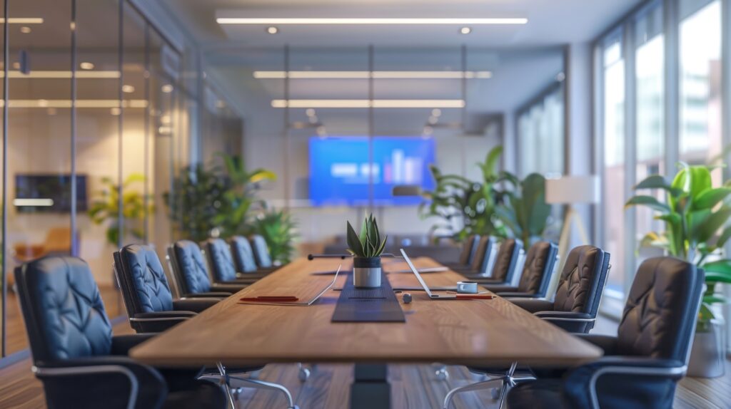 Modern wireless conference room setup with presentation screen and smart devices