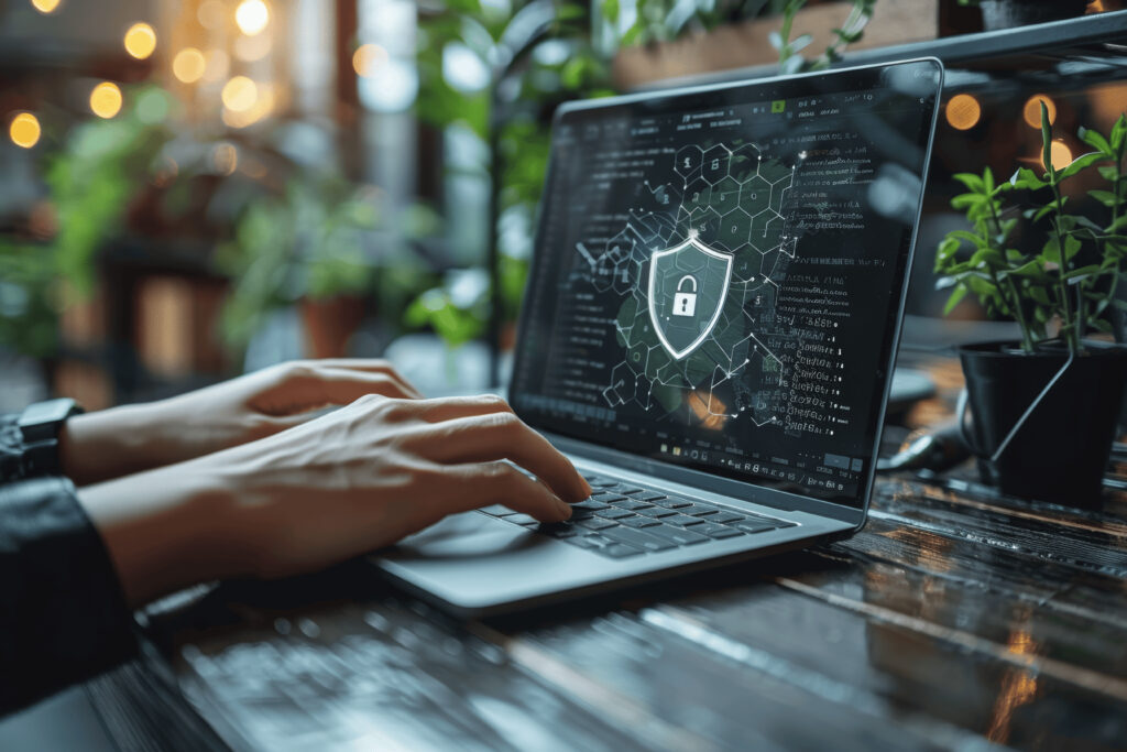 Person using a laptop with shield icon on screen, representing EDR, data backup, and IT security