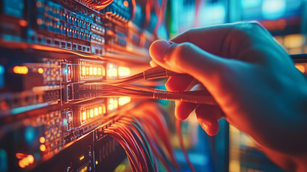 Technician connecting Ethernet cables to a network patch panel for structured data and voice wiring.