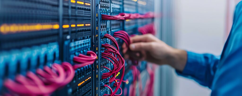 Technician managing RJ45 Ethernet cables for VoIP and data systems in server rack