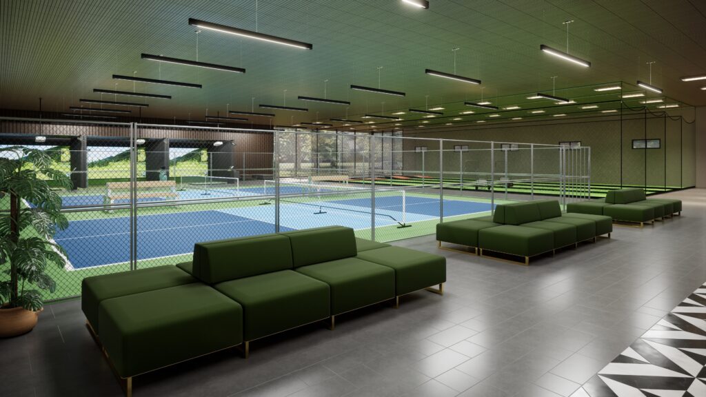 Modern indoor pickleball and padel courts with advanced lighting and audio-visual setup.