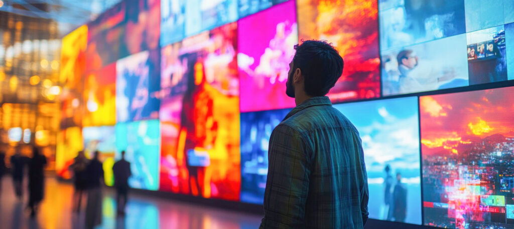 Man watching colorful LED video wall display with vibrant visuals