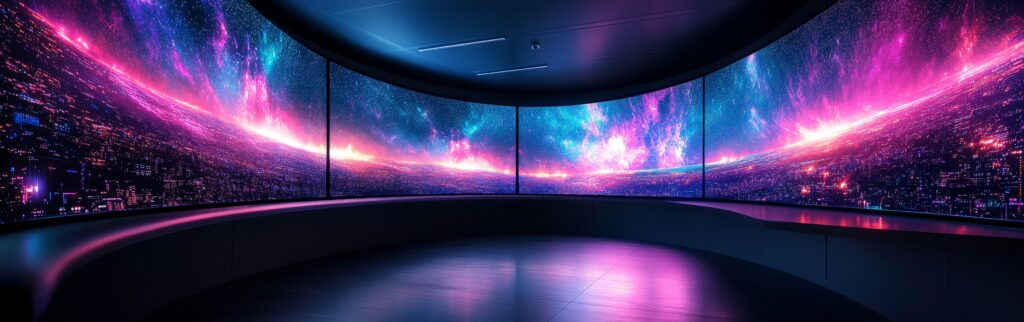 Futuristic LED video wall with purple and blue neon lights