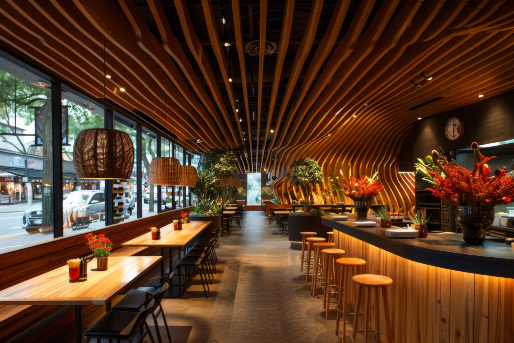 Luxury restaurant interior with modern audio system integrated into stylish design