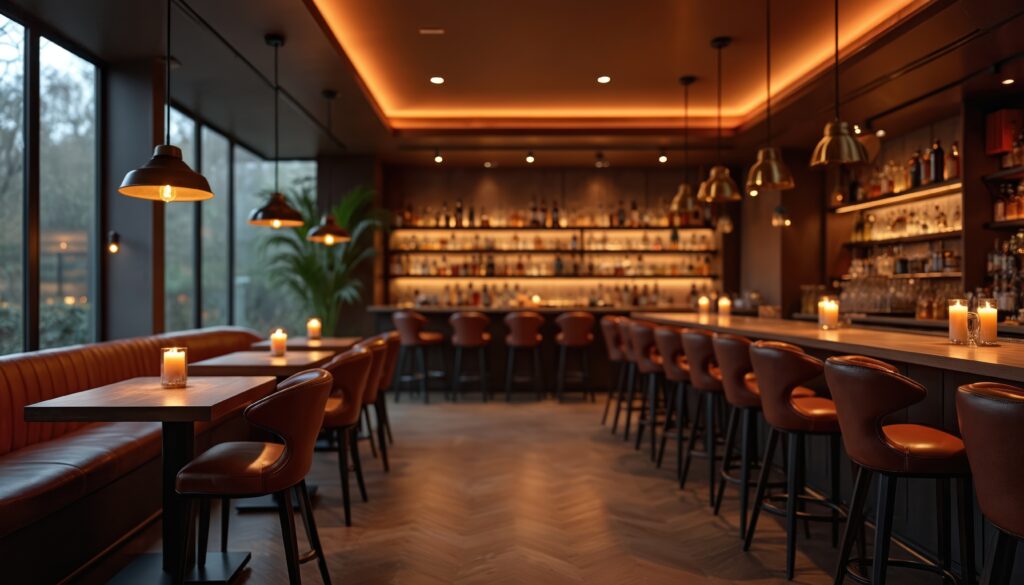 Luxury restaurant and modern bar interior with warm lighting and premium audio design