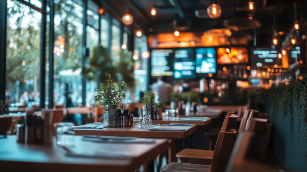 Luxury restaurant interior with modern digital signage and display screens